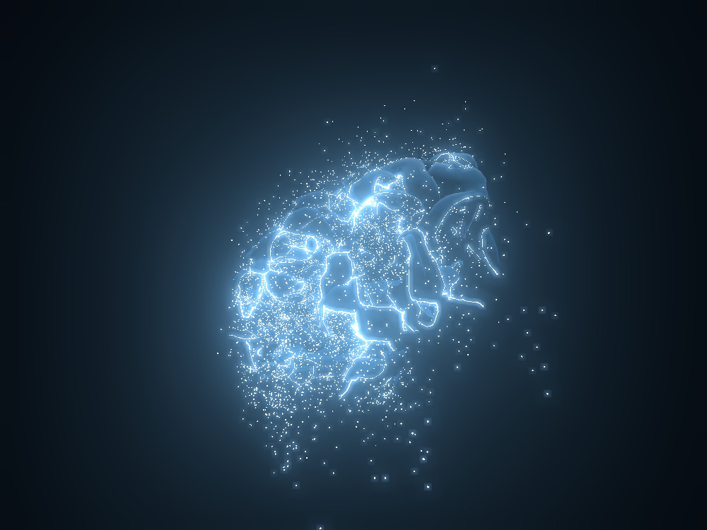 A brain lobe mid-dissolve, its surface broken up by glowing blue edges and scattering into a cloud of small particles against a dark background.