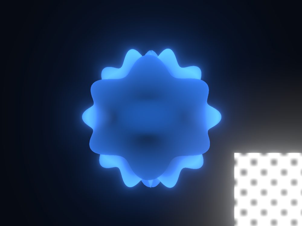A blue sphere deformed into a spiky, star-like silhouette by a procedural displacement pattern, with a small black-and-white preview of that pattern in the corner.