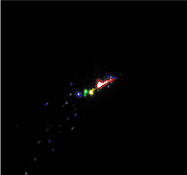 A high-speed spatter-imaging frame showing the melt pool, ejected particles, and two flagged regions: an anomaly and a potential anomaly.