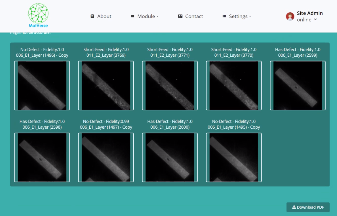 MatVerse results: each part cropped from its layer, labelled, with a Download PDF report button.