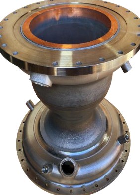 An additively manufactured combustion chamber assembly with bolted flanges and a copper-lined throat.