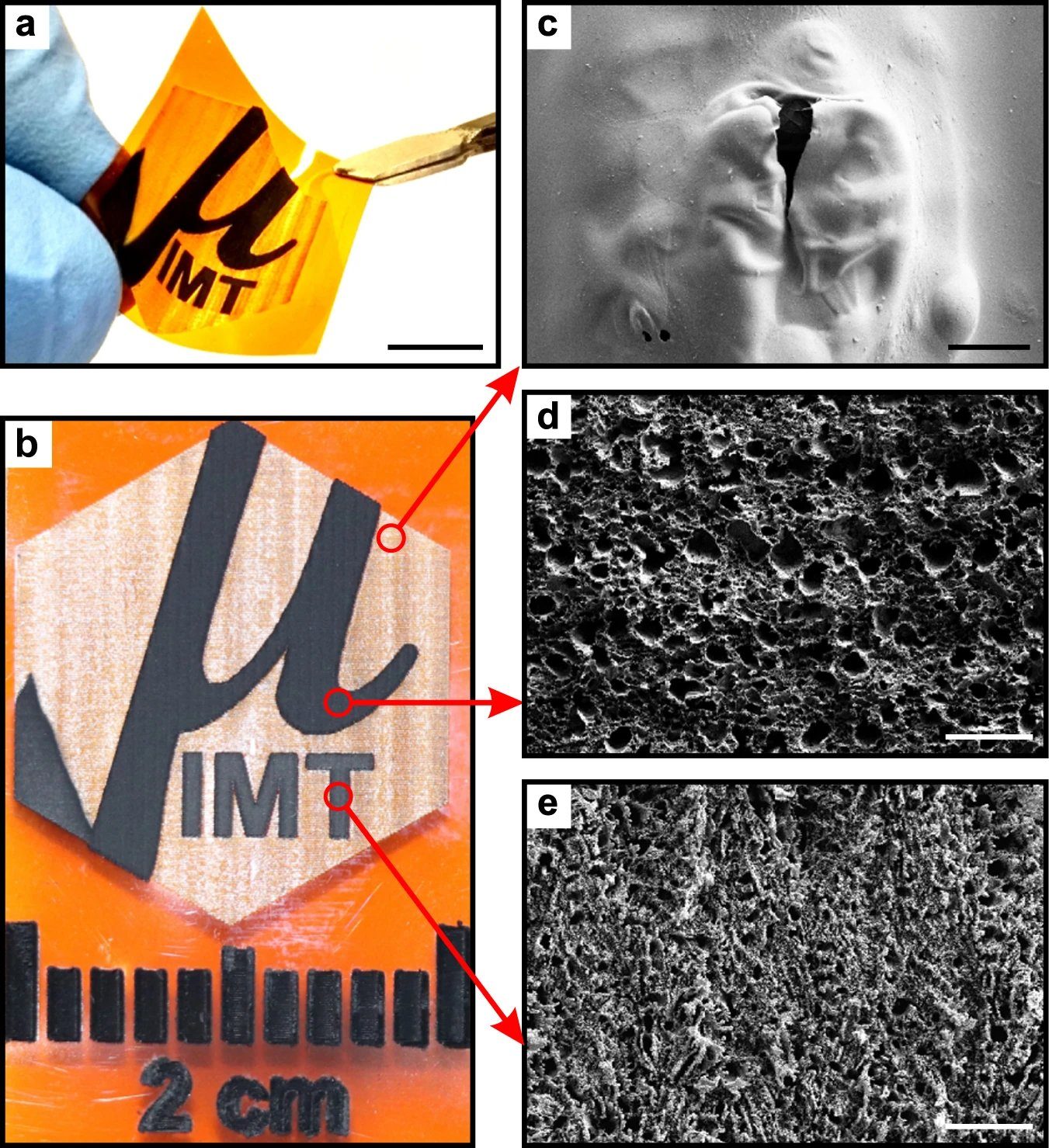 Five-panel figure: a bent piece of Kapton with a black laser-drawn logo; a close photo of bleached and blackened regions; and three electron-microscope close-ups of bleached film and porous carbon